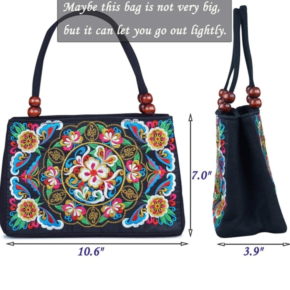 Stylish Floral Embroidered Handbag, Trendy Zipper Canvas Purses.​​ - Picture 3 of 5